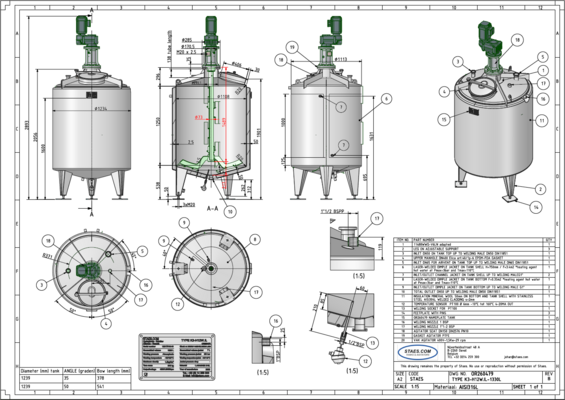 1 x Neuer vertikaler 1.330L Edelstahl-Mischbehälter aus AISI316L