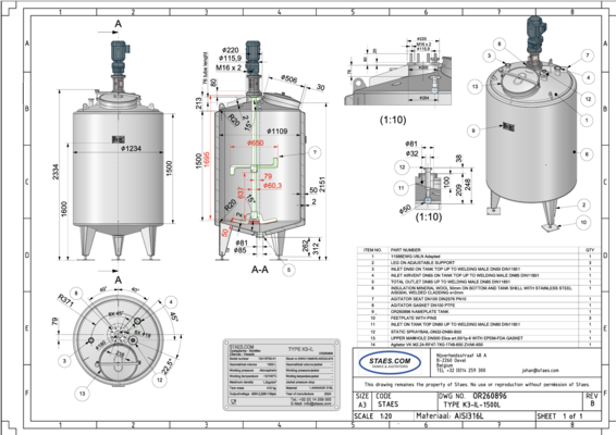 1 x Nouvelle cuve de mélange verticale isolée de 1.500 L en acier inoxydable AISI 316L