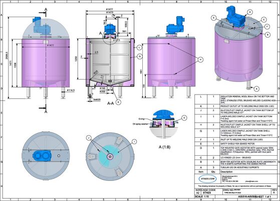 1 x Nouvelle cuve de mélange verticale en acier inoxydable AISI 316L de 1760L.