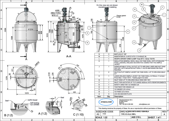 1 x New 1,000L Stainless Steel AISI 316L Vertical Mixing Tank.