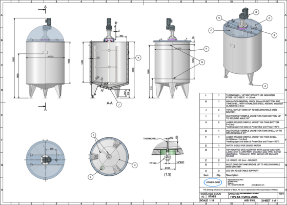 1 x Nieuwe Roestvrijstalen AISI 316L verticale mengtanks van 2.000L.