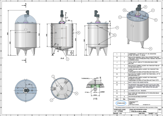 1 x New Stainless Steel AISI 316L Vertical Mixing Tanks of 2.000L.
