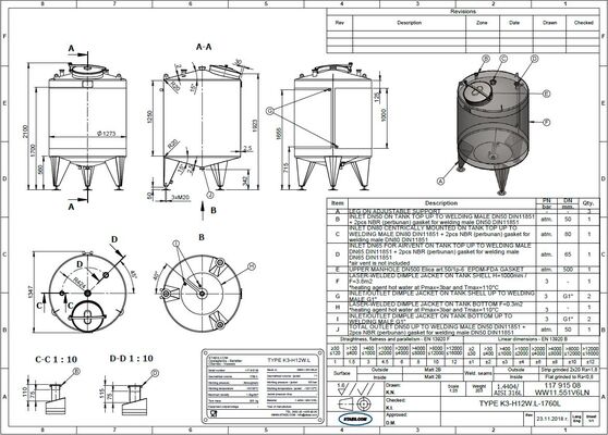 1 x Nieuwe Roestvrijstalen AISI 316L verticale mengtanks van 1.760L.