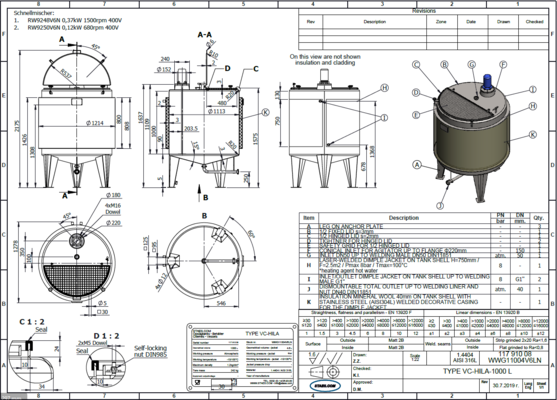 1 x New 1,000L Stainless Steel AISI 316L Vertical Mixing Tank.