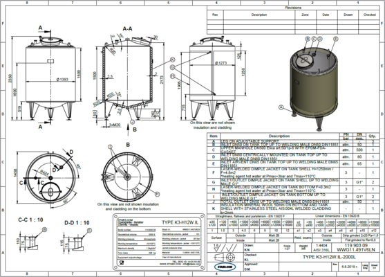 1 x Nieuwe Roestvrijstalen AISI 316L verticale mengtanks van 2.000L.