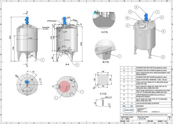 1 x 2500L stainless steel AISI 304L vertical mixing tank