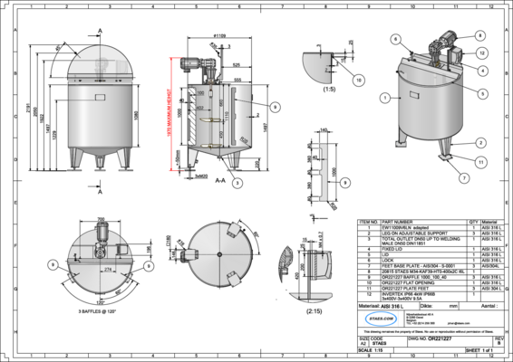 1 x Nieuwe roestvrijstalen verticale mengtank van 1.000L in AISI316L