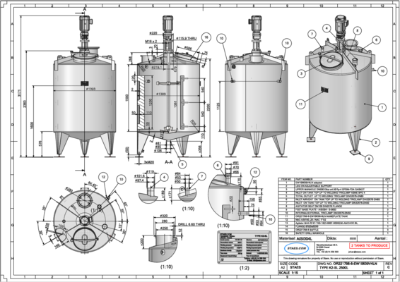 2 x cuves neuves de mélange verticale 2.500L en acier inoxydable AISI316L.